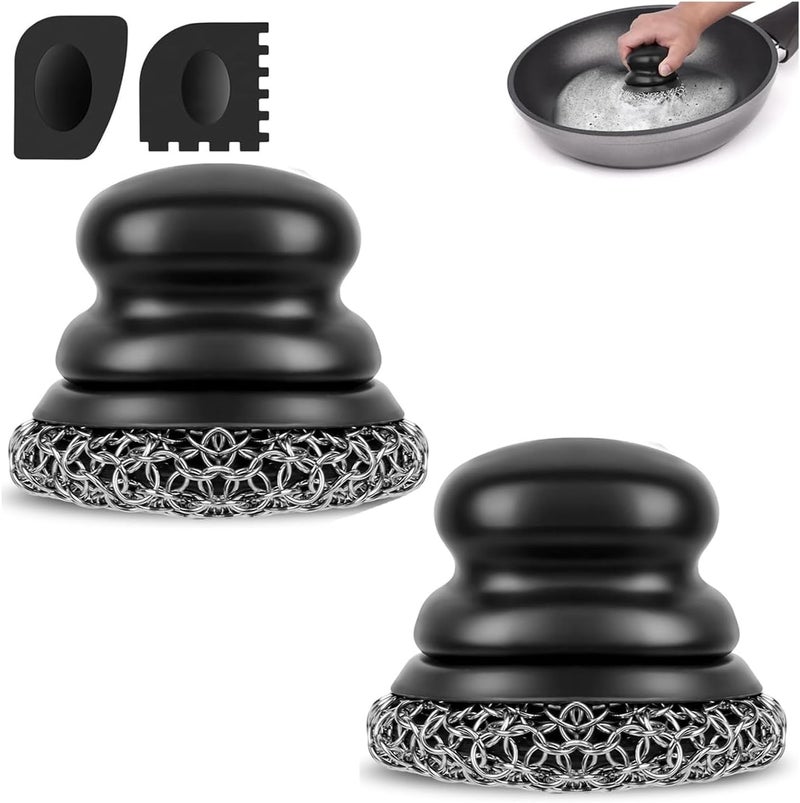 Onewly Cast Iron Scrubber (2 × Black Coarse Mesh) and and Scraper, Chain Mail Scrubber for Cleaning Stock Pots, Pans, Griddles, Grills, Cast Iron Skillets, Dish Scouring Pads - Image 1